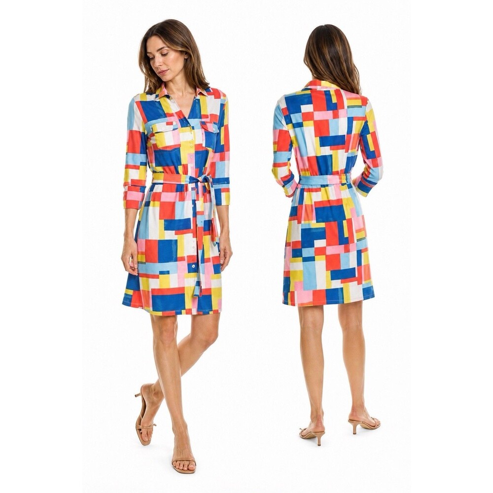 J. McLaughlin Multicolor Brynn Tile Print Jersey Knit Collared Dress Sz S Teach